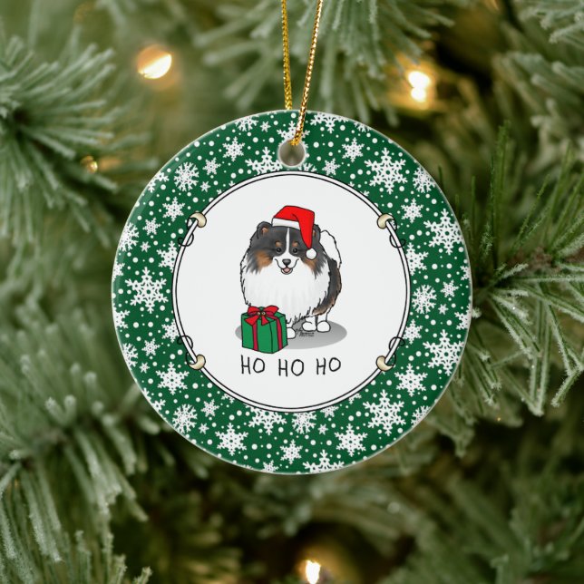 Christmas Santa Hat Pomeranian (tri-colour) Cute Ceramic Tree Decoration (Tree)