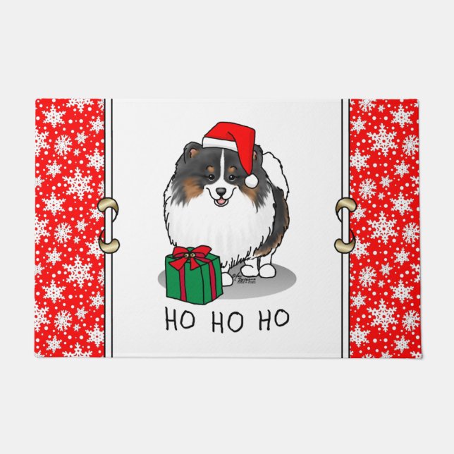 Christmas Santa Hat Pomeranian (tri-colour) Cute Doormat (Front)