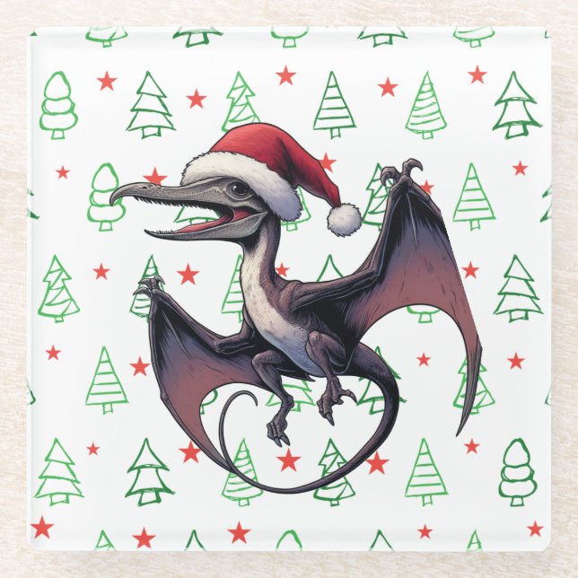 Christmas Santa hat pterodactyl  Glass Coaster (Front)