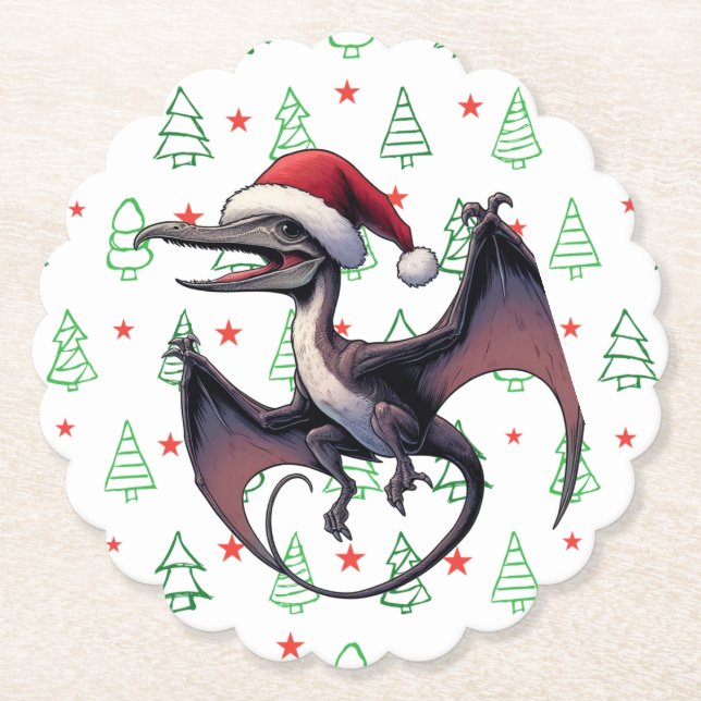 Christmas Santa hat pterodactyl  Paper Coaster (Front)