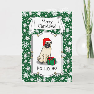 Christmas Santa Hat Pug Dog (light fawn) Cute Card