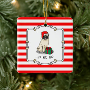 Christmas Santa Hat Pug Dog (light fawn) Cute Ceramic Ornament