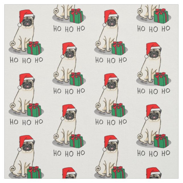 Christmas Santa Hat Pug Dog (light fawn) Cute Fabric (Swatch)