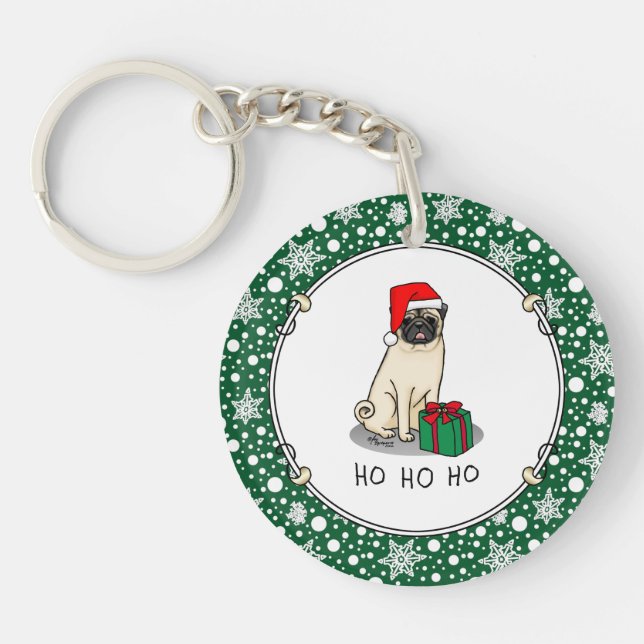 Christmas Santa Hat Pug Dog (light fawn) Cute Key Ring (Front)