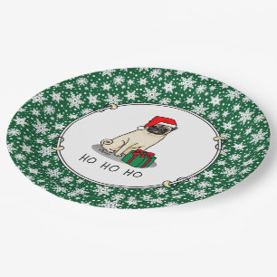 Christmas Santa Hat Pug Dog (light fawn) Cute Paper Plate