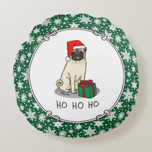 Christmas Santa Hat Pug Dog (light fawn) Cute Round Cushion