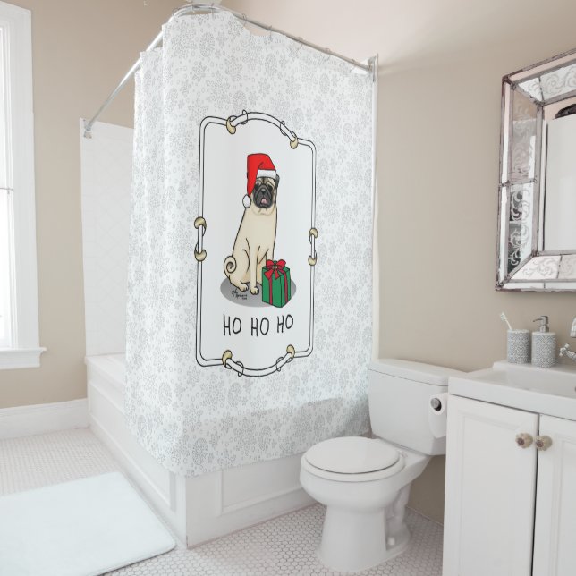 Christmas Santa Hat Pug Dog (light fawn) Cute Shower Curtain (In Situ)