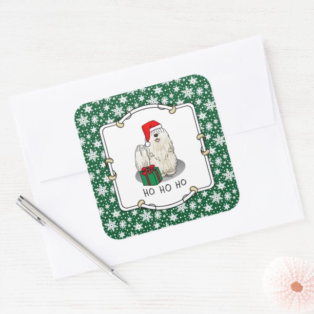 Christmas Santa Hat Puli Dog (white) Cute Funny Square Sticker (Envelope)
