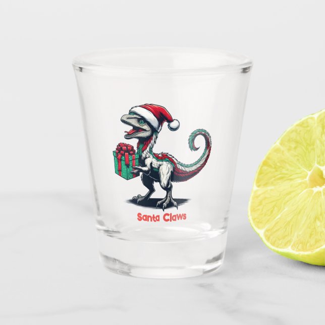 Christmas Santa hat raptor  Shot Glass (Front)