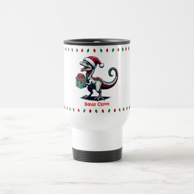 Christmas Santa hat raptor  Travel Mug (Center)