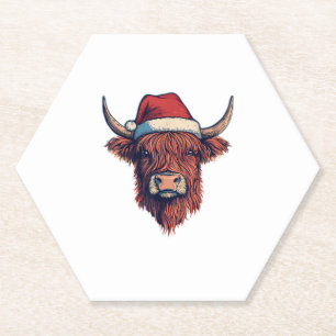 Christmas Santa Hat Scottish Highland Cow for Cow  Paper Coaster