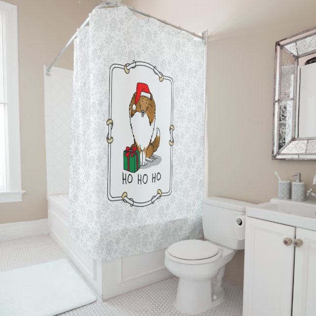 Christmas Santa Hat Shetland Sheepdog (sable) Cute Shower Curtain (In Situ)