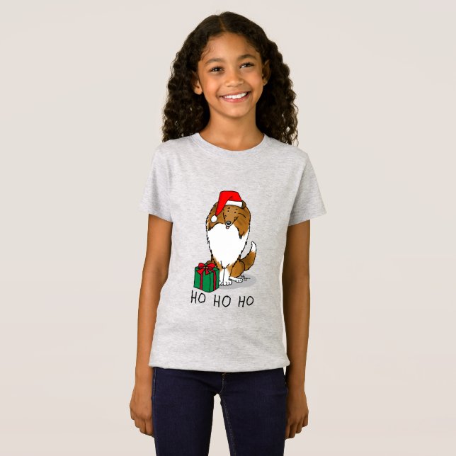 Christmas Santa Hat Shetland Sheepdog (sable) Cute T-Shirt (Front Full)