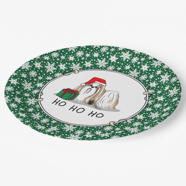 Christmas Santa Hat Shih Tzu (tan white) Dog Cute Paper Plate (Angled)