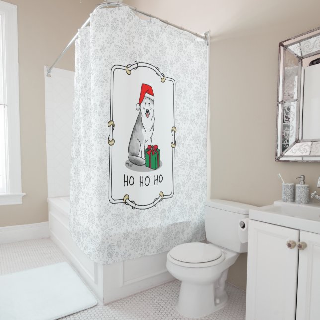 Christmas Santa Hat Siberian Husky (silver) Cute Shower Curtain (In Situ)