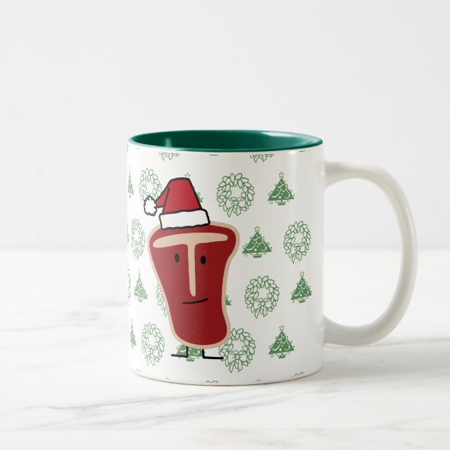 Christmas Santa Hat T-Bone Steak meat protein Two-Tone Coffee Mug (Right)