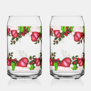 Christmas Santa Hats & Presents   Festive Holiday  Can Glass