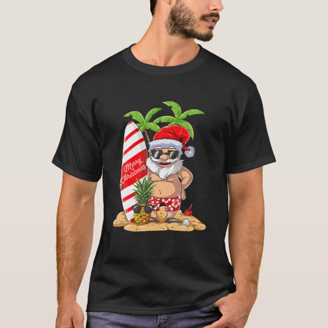 Christmas Santa Hawaiian Surfing T Summer Surf T-Shirt (Front)