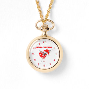 Christmas Santa Heart Gold Necklace Watch