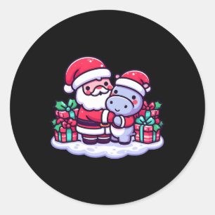 Christmas Santa Hugging Hippopotamus In Santa Hat  Classic Round Sticker