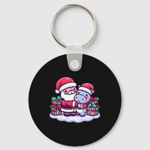 Christmas Santa Hugging Hippopotamus In Santa Hat Key Ring