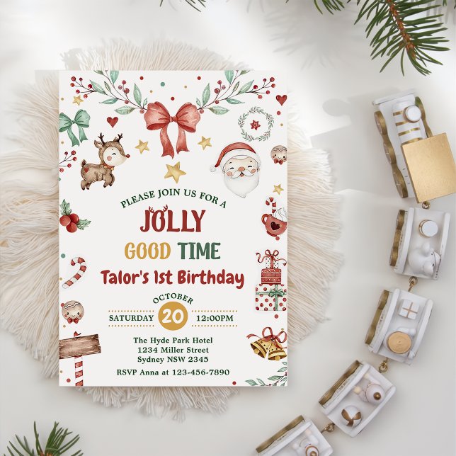 Christmas Santa Jolly Good Time 1st Birthday Party Invitation (Creator Uploaded)