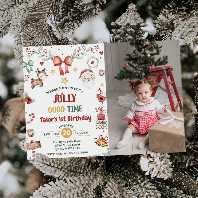 Christmas Santa Jolly Good Time 1st Birthday Photo Invitation (Creator Uploaded)