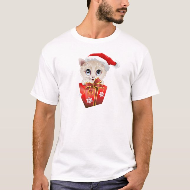 Christmas Santa Kitten with Gift T-Shirt (Front)