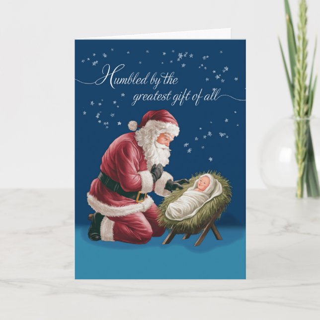 Christmas Santa Kneeling in Front of Baby Jesus Card (Front)