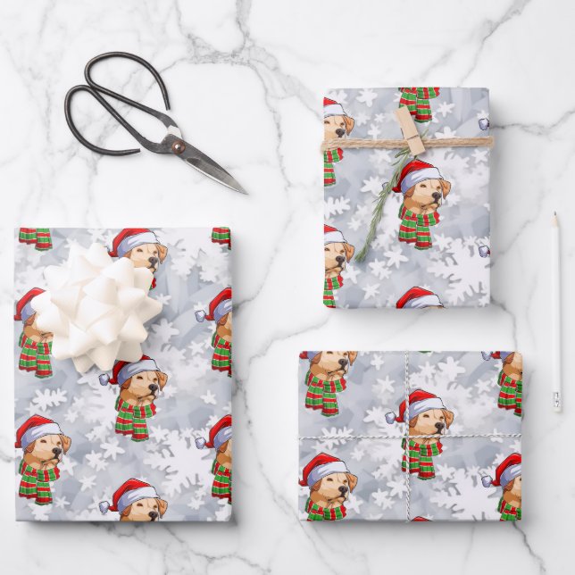 Christmas Santa Labrador Retriever Snowflakes Wrapping Paper Sheet (Front)