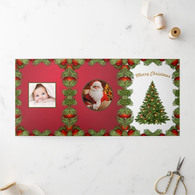 Christmas Santa New Year 4 Photos Personalise  Tri-Fold Holiday Card (Outside)
