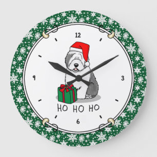 Christmas Santa Old English Sheepdog (Grey 1) Cute Large Clock