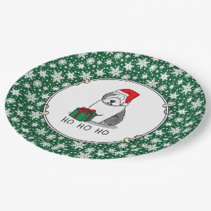 Christmas Santa Old English Sheepdog (Grey 1) Cute Paper Plate