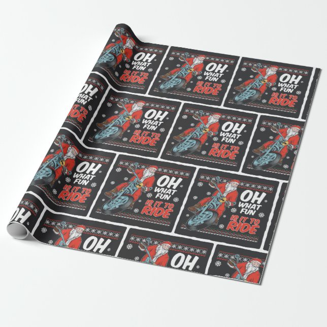 Christmas Santa on Motorcycle Wrapping Paper (Unrolled)