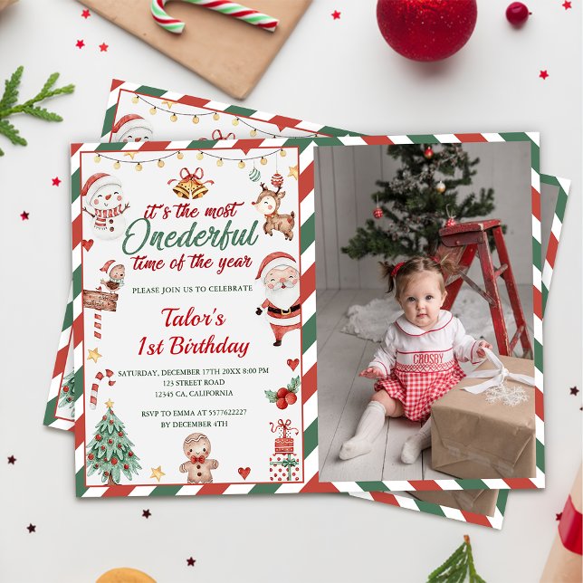 Christmas Santa Onederful 1st Birthday Photo Invitation (Creator Uploaded)
