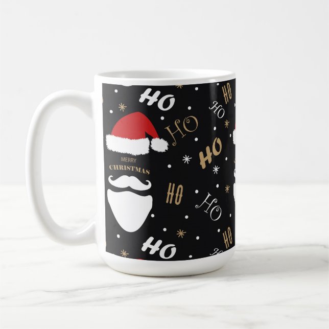 Christmas Santa Pattern Black Background with Gold Coffee Mug (Left)