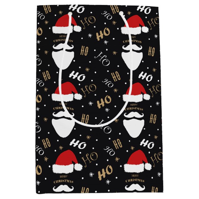 Christmas Santa Pattern Black Background with Gold Medium Gift Bag (Front)