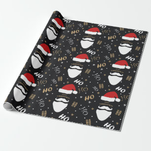 Christmas Santa Pattern Black Background with Gold Wrapping Paper