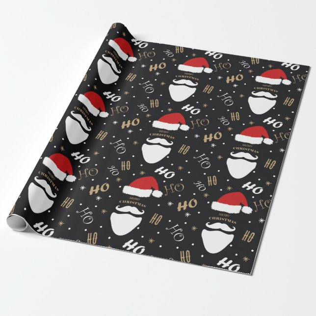 Christmas Santa Pattern Black Background with Gold Wrapping Paper (Unrolled)