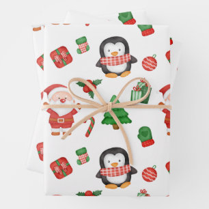 Christmas Santa, Penguin and Decorations  Wrapping Paper Sheet