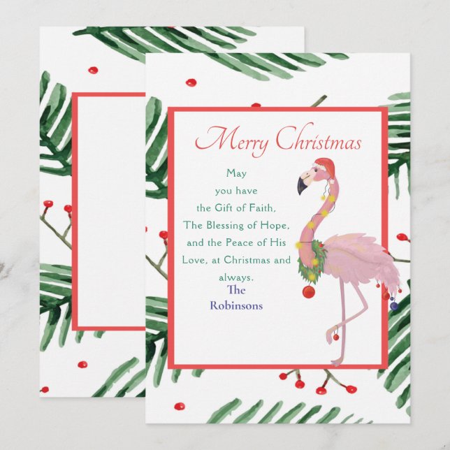 Christmas Santa Pink Flamingo Green Xmas Wreath  Holiday Card (Front/Back)