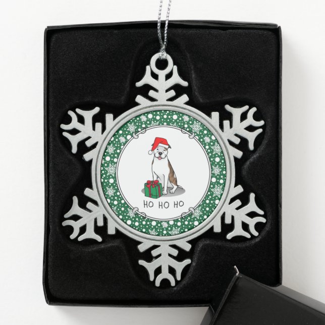 Christmas Santa Pit Bull (lt brindle white 3) Cute Snowflake Pewter Christmas Ornament (Box)