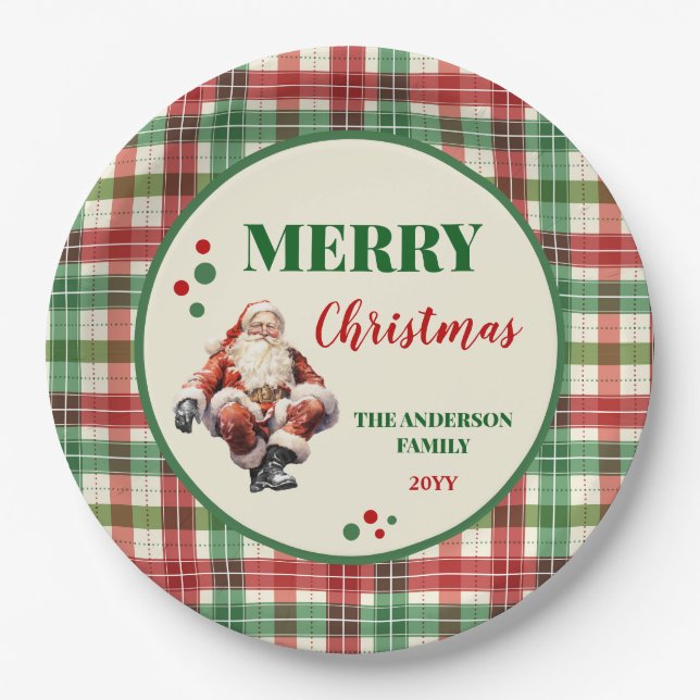 Christmas Santa Plaid Chequered Party Paper Plates (Front)