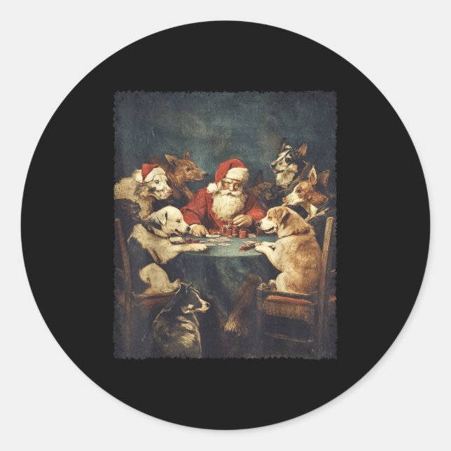 Christmas Santa Playing Cards Dogs Playing Ker  Classic Round Sticker (Front)