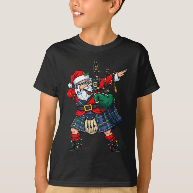 Christmas Santa Playing Scottish Bagpes Funny Holi T-Shirt (Front)