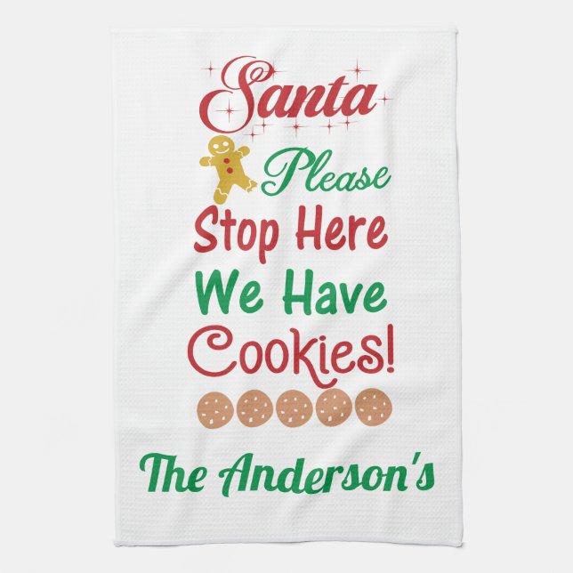 Christmas Santa Please Stop Here We have cookies Tea Towel (Vertical)