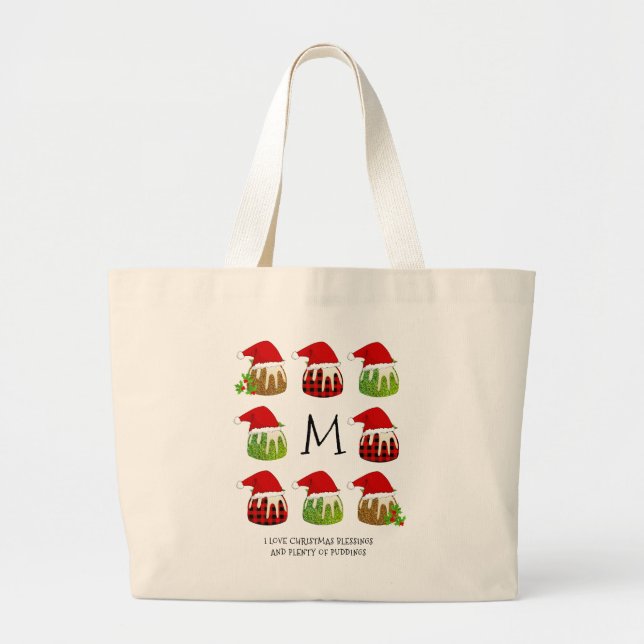 Christmas Santa Puddings Monogram Large Tote Bag (Front)