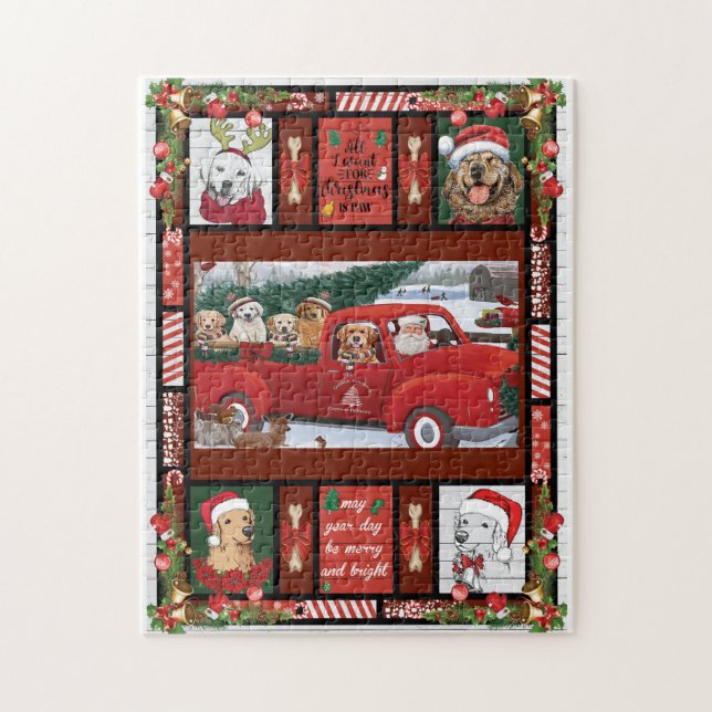 Christmas Santa Red Truck golden retriever  Jigsaw Puzzle (Vertical)