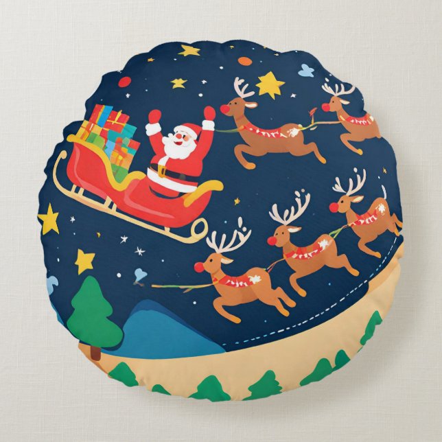 Christmas Santa Reindeer Coming To Town  Round Cushion (Front)