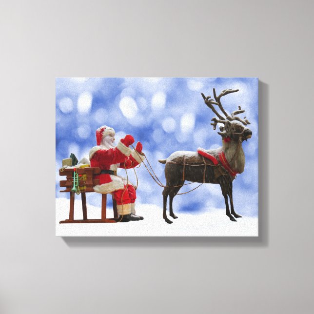 Christmas Santa Reindeer Sledging Snow Canvas Print (Front)